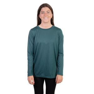 Front shot of Ottie Merino women's Otway Fern long sleeve merino wool t-shirt on 166cm model who is wearing a size small