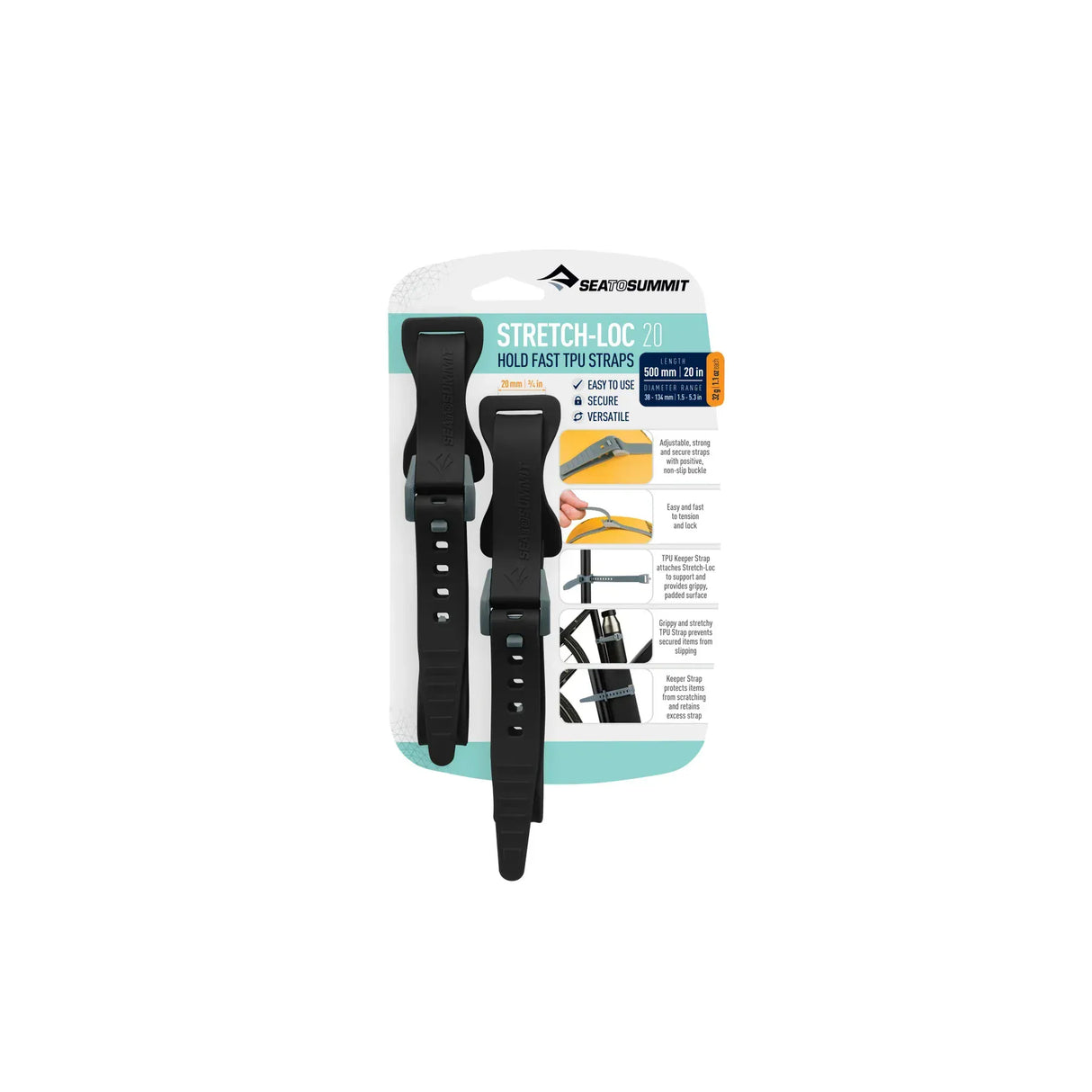 Sea to Summit 375mm / Black Stretch-Loc TPU Strap 20mm - [2 Pack] ATD2079-03040117